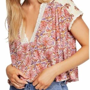 Free People Pink Floral Crochet-Trim V-Neck Blouse